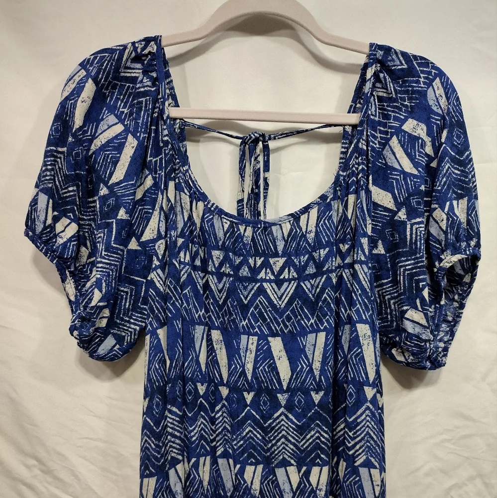 Knox Rose Puff Short Sleeve Tiered Dress Blue Paisley Beach Prairie Size L - Picture 3 of 10
